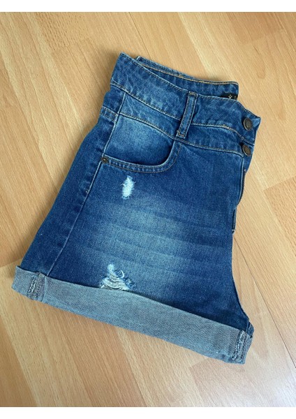 2060 Kadın Lazerli Duble Paça Jeans Denim Kot Şort