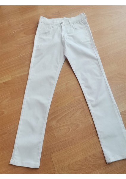 Unısex Pantolon Kız / Erkek Çocuk Beli Ayarlanabilir Lastikli Beyaz Keten Pantolon