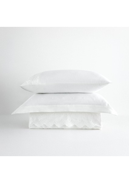 Ahter Battal Boy Nevresim Takımı Organik Pamuk Saten Brodeli Krem 240X220 cm