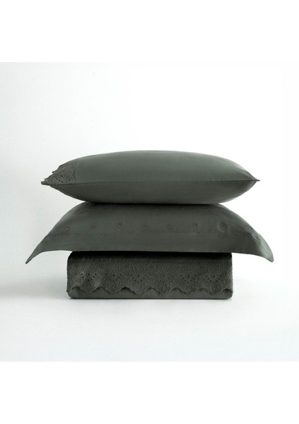 Ahter Çift Kişilik Nevresim Takımı %100 Organik Pamuk Saten Brodeli Yeşil 200X220 cm