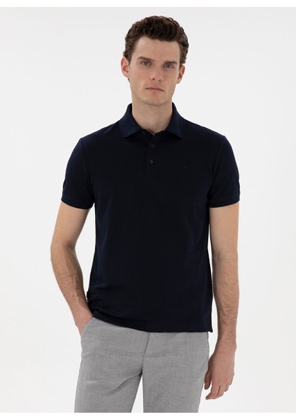 Lacivert Erkek Slim Fit Jakarlı Polo T-Shirt Asır