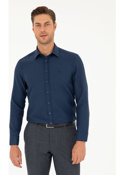 Lacivert Slim Fit Armürlü Uzun Kollu Gömlek
