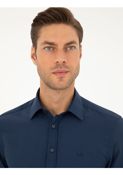 Lacivert Slim Fit Armürlü Uzun Kollu Gömlek