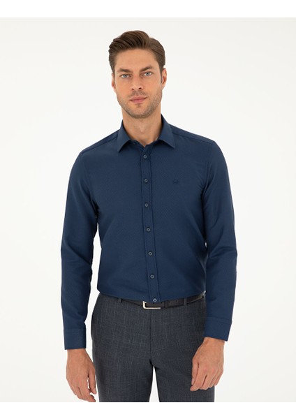 Lacivert Slim Fit Armürlü Uzun Kollu Gömlek