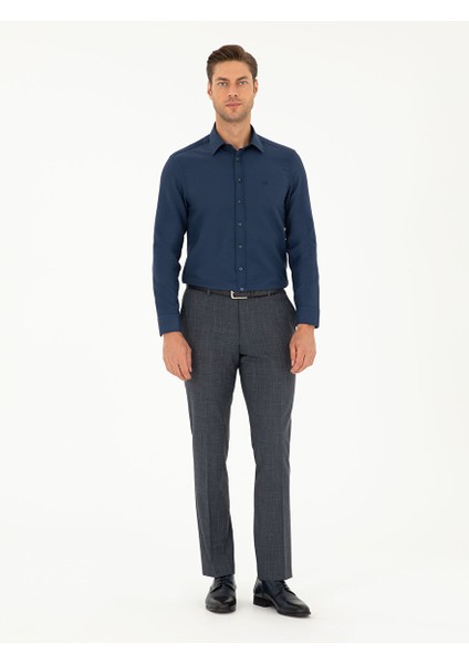 Lacivert Slim Fit Armürlü Uzun Kollu Gömlek