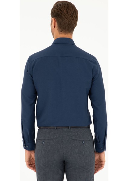 Lacivert Slim Fit Armürlü Uzun Kollu Gömlek