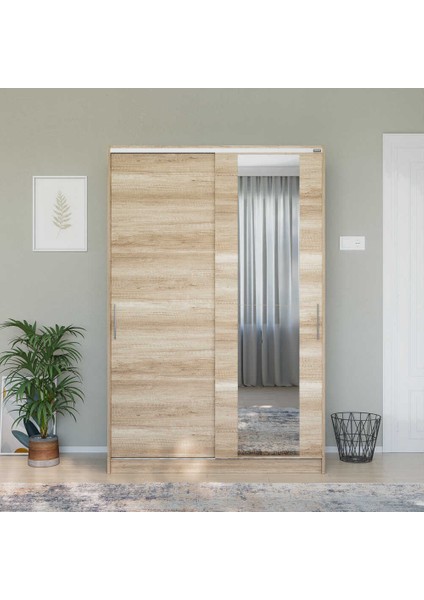 Sürgülü Aynalı Gardırop-Açık Ceviz (Tori) 120X182X52 cm (Gxyxd)