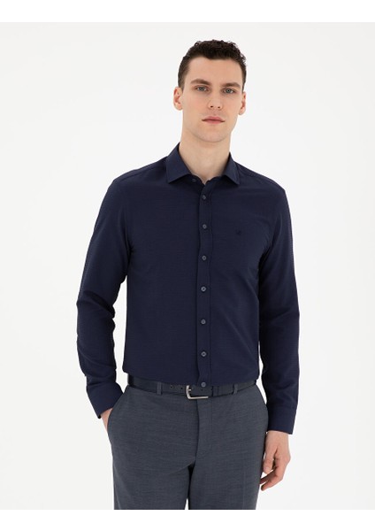 Lacivert Slim Fit Armürlü Uzun Kollu Gömlek