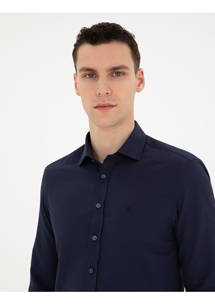 Lacivert Slim Fit Armürlü Uzun Kollu Gömlek