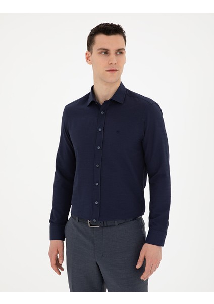 Lacivert Slim Fit Armürlü Uzun Kollu Gömlek