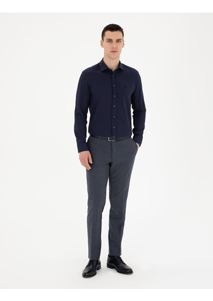 Lacivert Slim Fit Armürlü Uzun Kollu Gömlek
