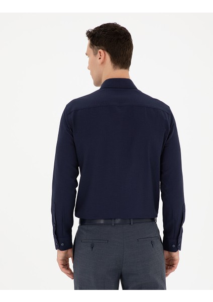 Lacivert Slim Fit Armürlü Uzun Kollu Gömlek