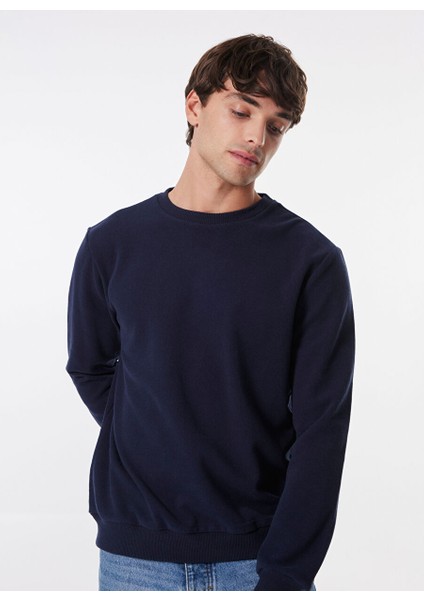 Lacivert Erkek Bisiklet Basic Düz Sweatshirt MML4WM-SWT9518