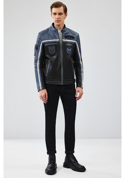 Takeoff Erkek Mavi Siyah Slim-Fit Deri Ceket 23WGM6511WF