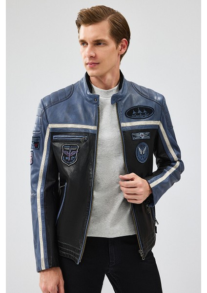 Takeoff Erkek Mavi Siyah Slim-Fit Deri Ceket 23WGM6511WF