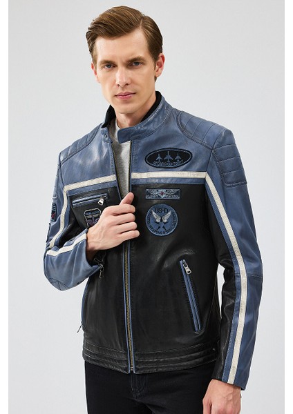 Takeoff Erkek Mavi Siyah Slim-Fit Deri Ceket 23WGM6511WF
