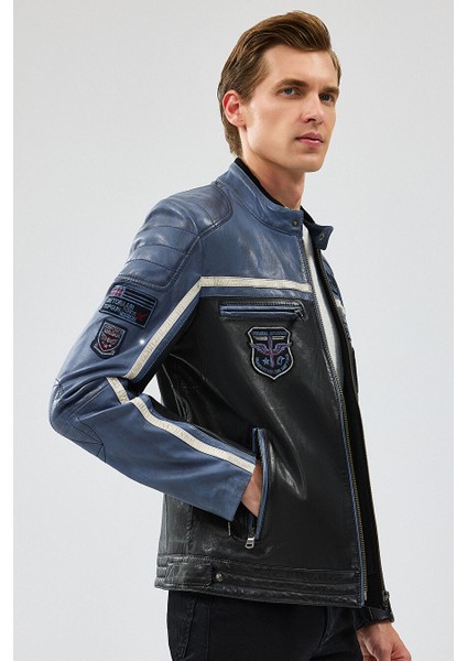 Takeoff Erkek Mavi Siyah Slim-Fit Deri Ceket 23WGM6511WF