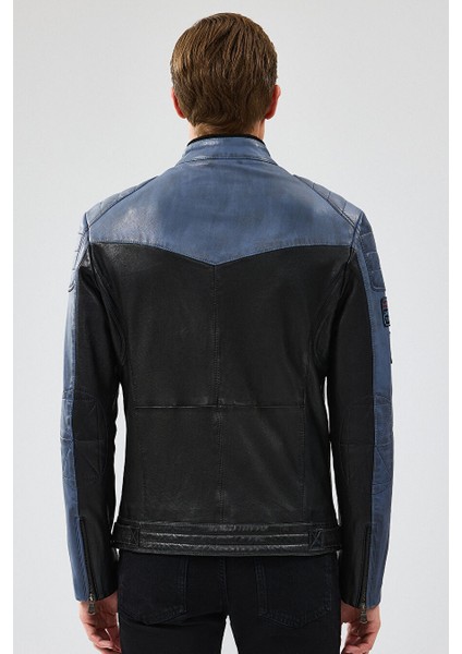 Takeoff Erkek Mavi Siyah Slim-Fit Deri Ceket 23WGM6511WF