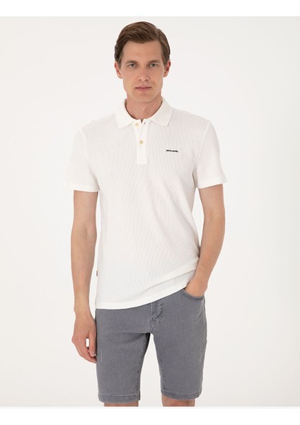 Ekru Slim Fit Örme Dokulu Polo Yaka Tişört