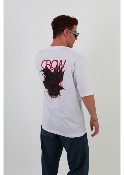 Crow-Oversize Tişört | Sırt Baskılı – Minimal Göğüs Desenli Unisex Tshirt