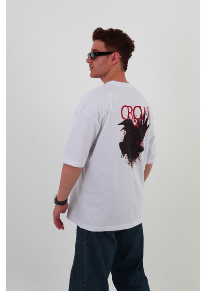 Crow-Oversize Tişört | Sırt Baskılı – Minimal Göğüs Desenli Unisex Tshirt