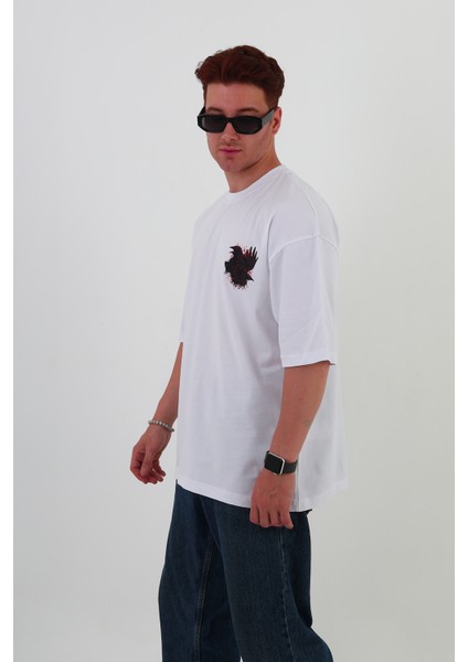 Crow-Oversize Tişört | Sırt Baskılı – Minimal Göğüs Desenli Unisex Tshirt