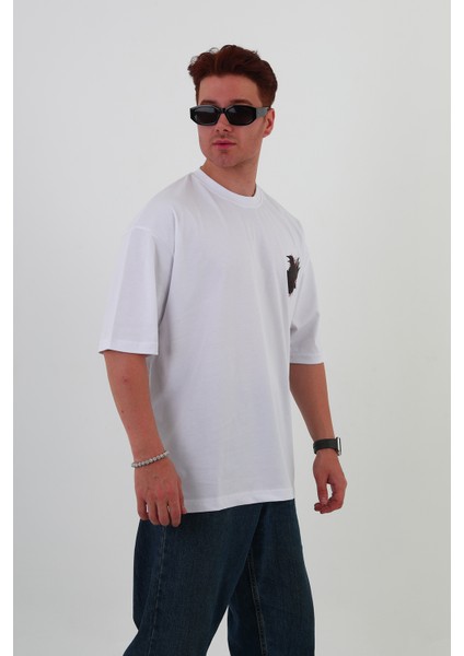 Crow-Oversize Tişört | Sırt Baskılı – Minimal Göğüs Desenli Unisex Tshirt