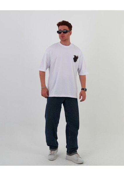 Crow-Oversize Tişört | Sırt Baskılı – Minimal Göğüs Desenli Unisex Tshirt