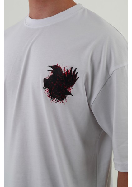 Crow-Oversize Tişört | Sırt Baskılı – Minimal Göğüs Desenli Unisex Tshirt