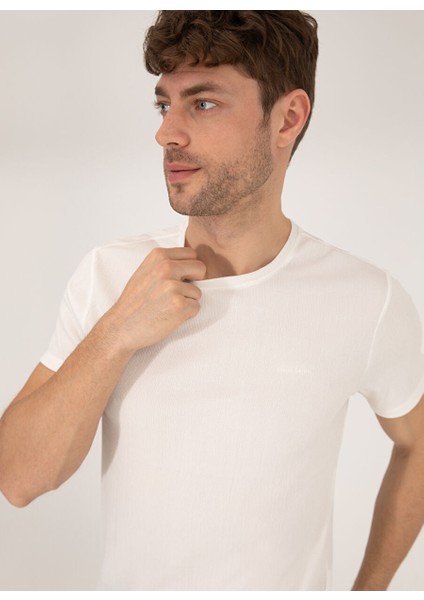 Bisiklet Yaka Düz Ekru Erkek T-Shirt Mıranda