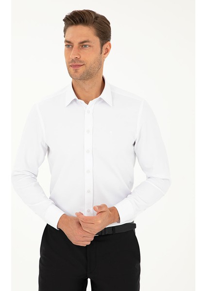 Beyaz Slim Fit Armürlü Uzun Kollu Gömlek