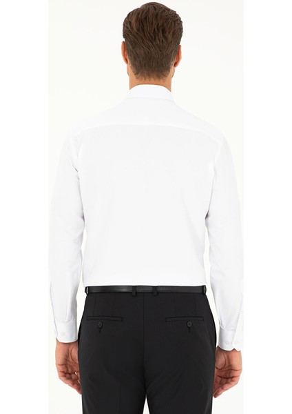 Beyaz Slim Fit Armürlü Uzun Kollu Gömlek
