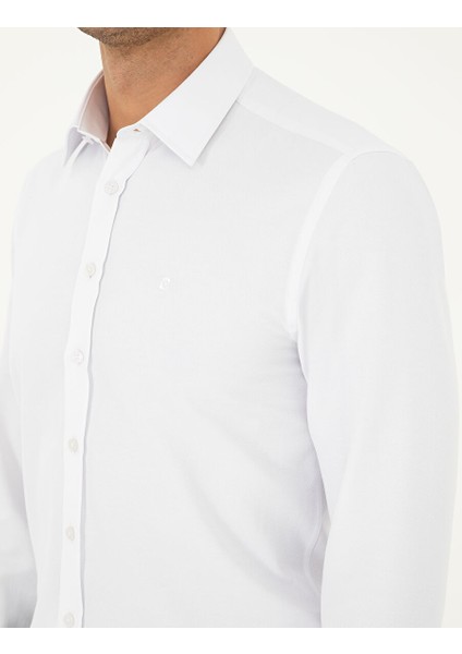 Beyaz Slim Fit Armürlü Uzun Kollu Gömlek