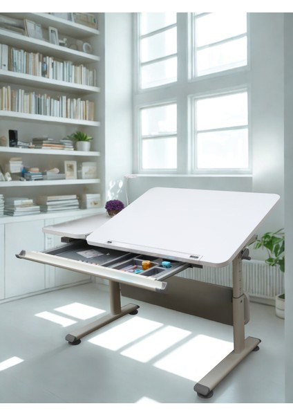 Yükseklik ve Eğim Ayarlı, Çekmeceli, Vega Basic Çalışma Masası 130 x 70 cm Ekru
