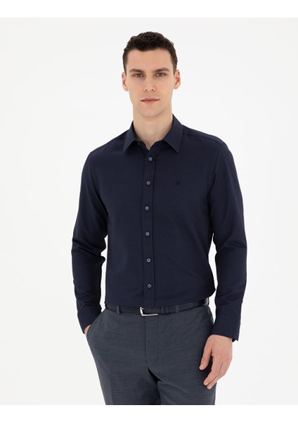 Lacivert Slim Fit Armürlü Uzun Kollu Gömlek