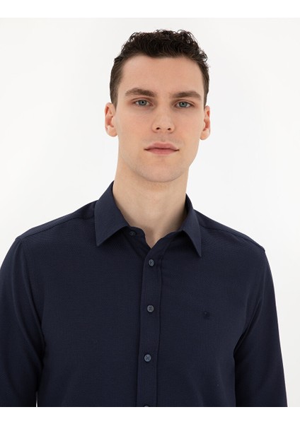 Lacivert Slim Fit Armürlü Uzun Kollu Gömlek
