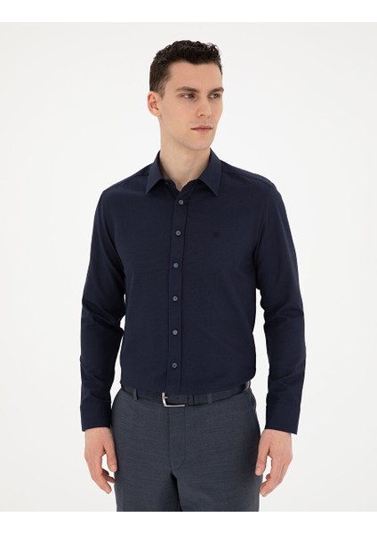 Lacivert Slim Fit Armürlü Uzun Kollu Gömlek
