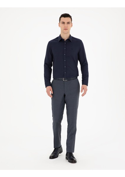 Lacivert Slim Fit Armürlü Uzun Kollu Gömlek