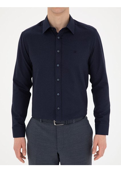 Lacivert Slim Fit Armürlü Uzun Kollu Gömlek