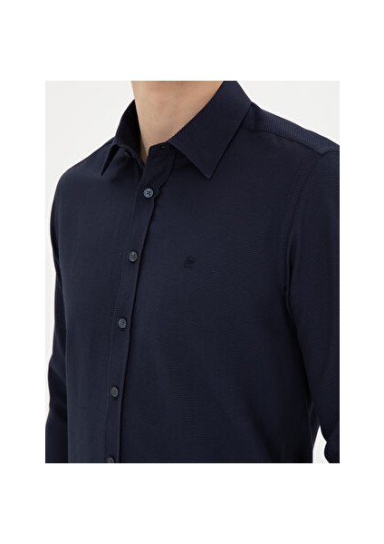 Lacivert Slim Fit Armürlü Uzun Kollu Gömlek