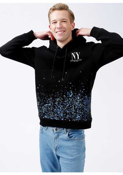 Kapüşonlu Relaxed Baskılı Siyah Erkek Şardonlu Sweatshirt E-Brush