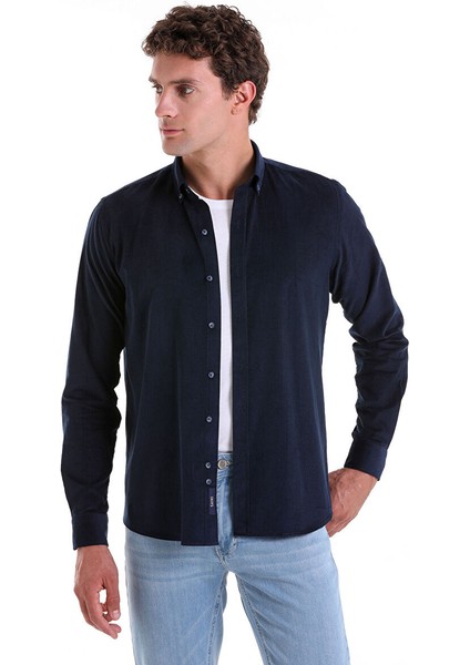 Lacivert Comfort Fit Uzun Kol Fitilli Kadife Gömlek
