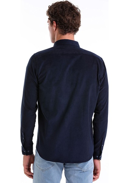 Lacivert Comfort Fit Uzun Kol Fitilli Kadife Gömlek modelleri