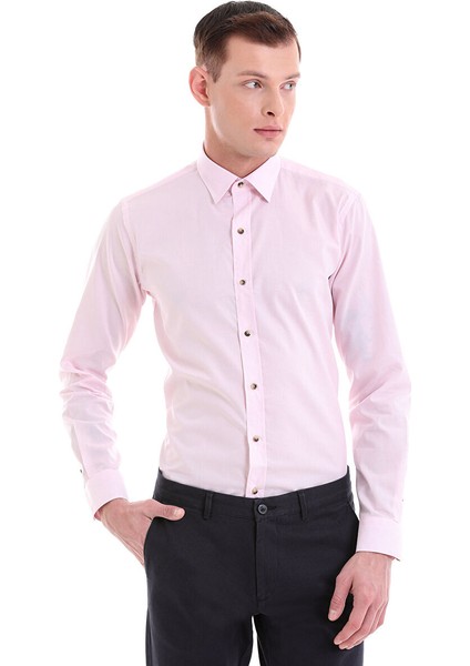 Pembe Comfort Fit Çizgili %100 Pamuklu Slim Yaka Uzun Kollu Casual Gömlek modelleri