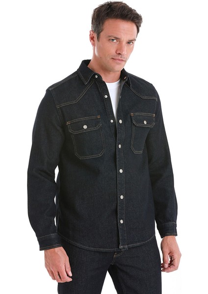 Lacivert Comfort Fit Düz 100% Pamuk Slim Yaka Uzun Kollu Kot Gömlek