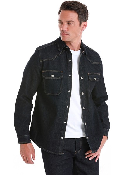 Lacivert Comfort Fit Düz 100% Pamuk Slim Yaka Uzun Kollu Kot Gömlek fırsatları
