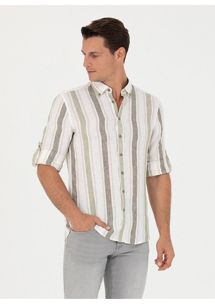 Slim Fit Düğmeli Yaka Çizgili Haki Erkek Gömlek Nova