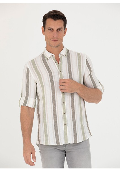 Slim Fit Düğmeli Yaka Çizgili Haki Erkek Gömlek Nova modelleri