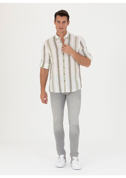 Slim Fit Düğmeli Yaka Çizgili Haki Erkek Gömlek Nova fırsatları