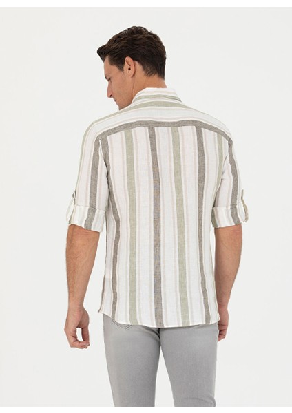 Slim Fit Düğmeli Yaka Çizgili Haki Erkek Gömlek Nova indirimleri